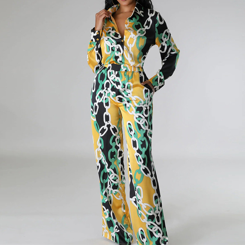 Ženski dvodijelni komplet s retro printom lanaca Proljetni jednoredni kaput s reverima i odijelo s dugim hlačama Jesenski uredski kompleti s mašnom na vezanje