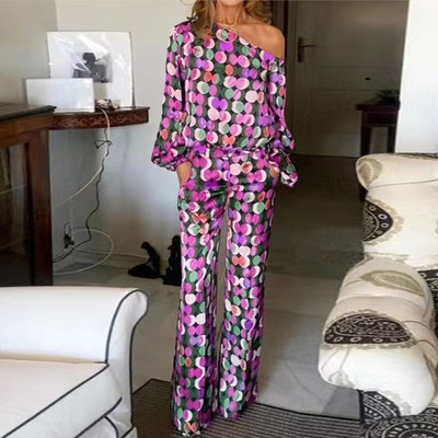 Retro 3D-ringprinteriga kaheosaline naiste komplekt, vedruga viltune krae, pullover ja sirged püksid, sügisene pikkade varrukatega õõnes ülikond