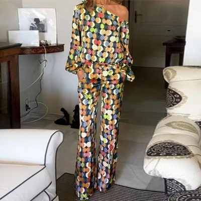 Retro 3D-ringprinteriga kaheosaline naiste komplekt, vedruga viltune krae, pullover ja sirged püksid, sügisene pikkade varrukatega õõnes ülikond