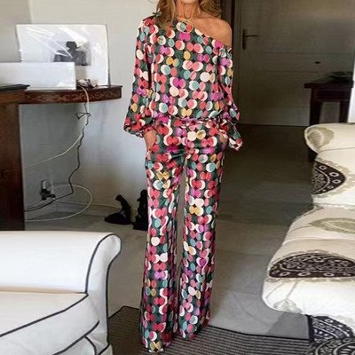 Retro 3D-ringprinteriga kaheosaline naiste komplekt, vedruga viltune krae, pullover ja sirged püksid, sügisene pikkade varrukatega õõnes ülikond