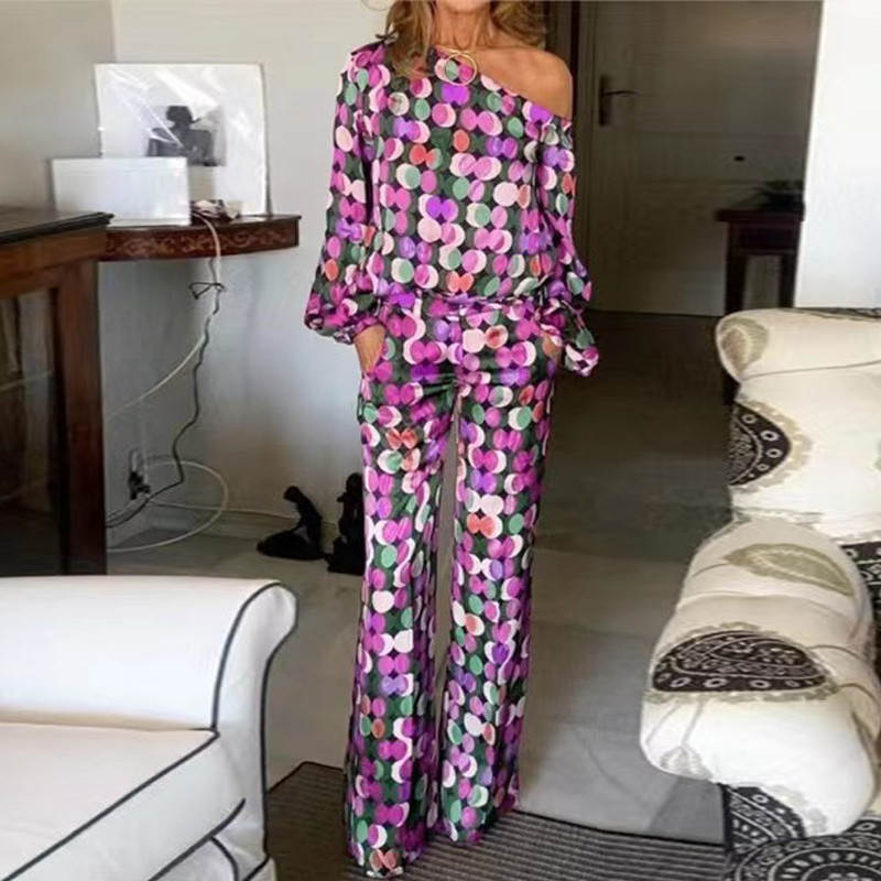 Retro 3D-ringprinteriga kaheosaline naiste komplekt, vedruga viltune krae, pullover ja sirged püksid, sügisene pikkade varrukatega õõnes ülikond