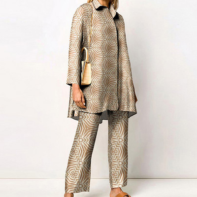 Ženska odjeća Harajuku s retro uzorkom, jesenski gornji kaput s jednorednim kopčanjem i odijelo s ravnim hlačama, zimski set od 2 komada dugih rukava