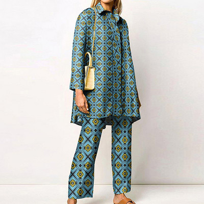 Ženska odjeća Harajuku s retro uzorkom, jesenski gornji kaput s jednorednim kopčanjem i odijelo s ravnim hlačama, zimski set od 2 komada dugih rukava