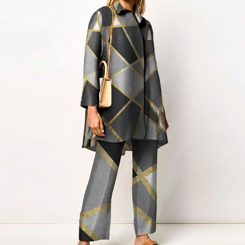 Ženska odjeća Harajuku s retro uzorkom, jesenski gornji kaput s jednorednim kopčanjem i odijelo s ravnim hlačama, zimski set od 2 komada dugih rukava