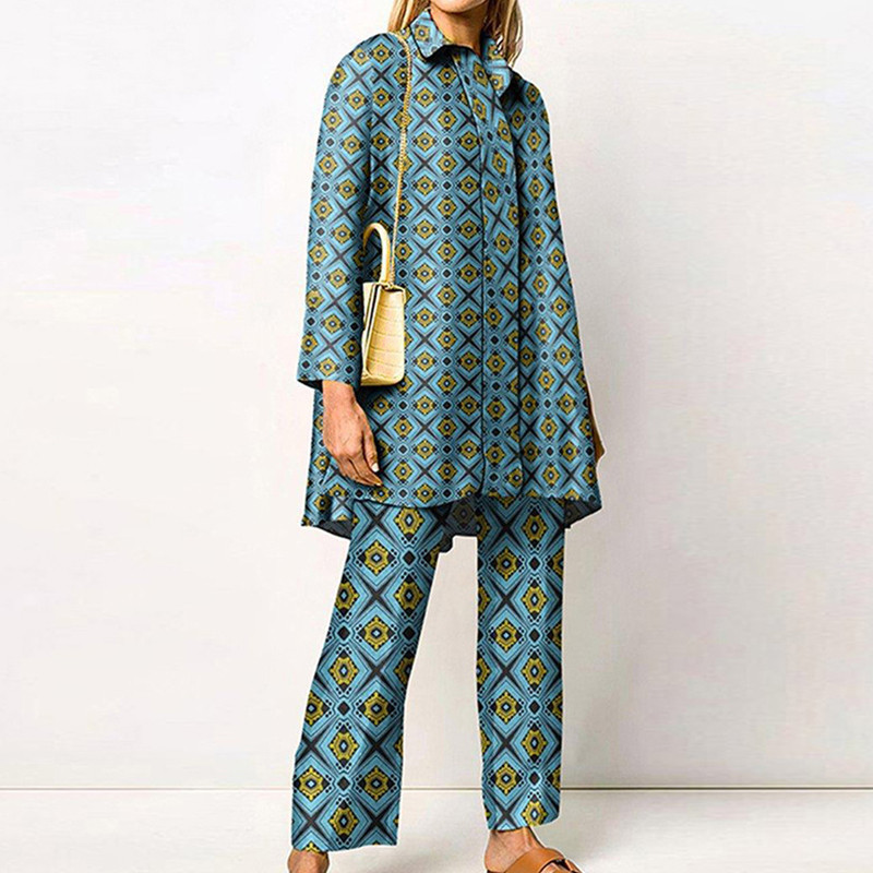 Ženska odjeća Harajuku s retro uzorkom, jesenski gornji kaput s jednorednim kopčanjem i odijelo s ravnim hlačama, zimski set od 2 komada dugih rukava
