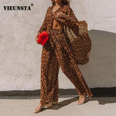 2021 Summer Leopard Print Γυναικεία σετ δύο τεμαχίων Ανοιξιάτικο πουκάμισο με λαιμόκοψη V με κουμπιά πάνω και φαρδύ παντελόνι κοστούμι σέξι χαλαρά ρούχα στο δρόμο
