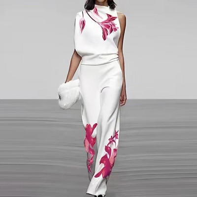 Elegantno odijelo s dolčevitom bez rukava za putovanje na posao Ženski proljetni gornji pulover s cvjetnim printom + ravne hlače Ljetni dvodijelni kompleti