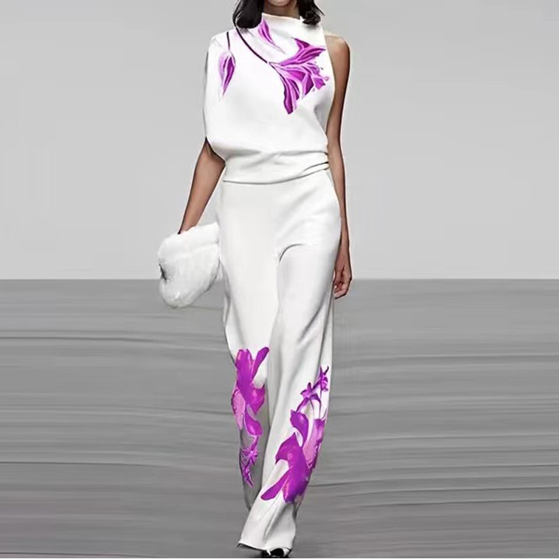 Elegantno odijelo s dolčevitom bez rukava za putovanje na posao Ženski proljetni gornji pulover s cvjetnim printom + ravne hlače Ljetni dvodijelni kompleti