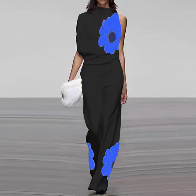 Elegantno odijelo s dolčevitom bez rukava za putovanje na posao Ženski proljetni gornji pulover s cvjetnim printom + ravne hlače Ljetni dvodijelni kompleti