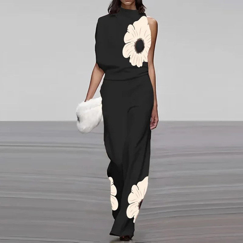 Elegantno odijelo s dolčevitom bez rukava za putovanje na posao Ženski proljetni gornji pulover s cvjetnim printom + ravne hlače Ljetni dvodijelni kompleti