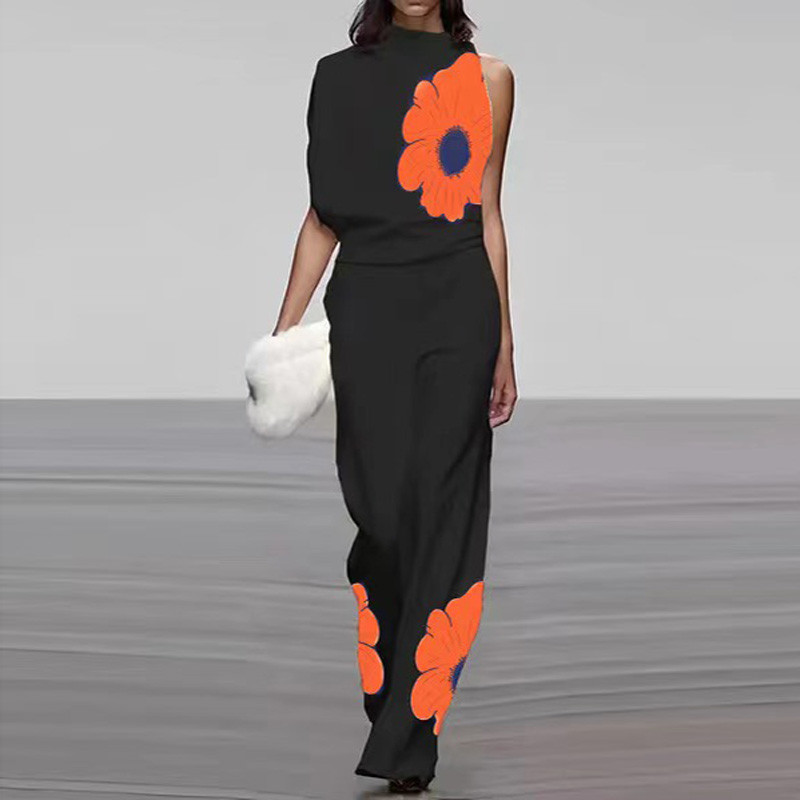 Elegantno odijelo s dolčevitom bez rukava za putovanje na posao Ženski proljetni gornji pulover s cvjetnim printom + ravne hlače Ljetni dvodijelni kompleti