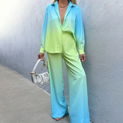 Ženski modni satenski kompleti s tie-dye printom Proljetna majica na revere i duge hlače Vintage dvodijelna odijela dugih rukava