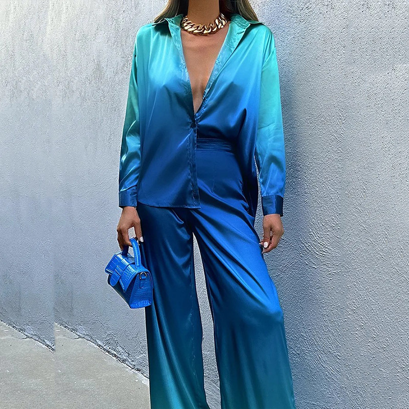 Ženski modni satenski kompleti s tie-dye printom Proljetna majica na revere i duge hlače Vintage dvodijelna odijela dugih rukava