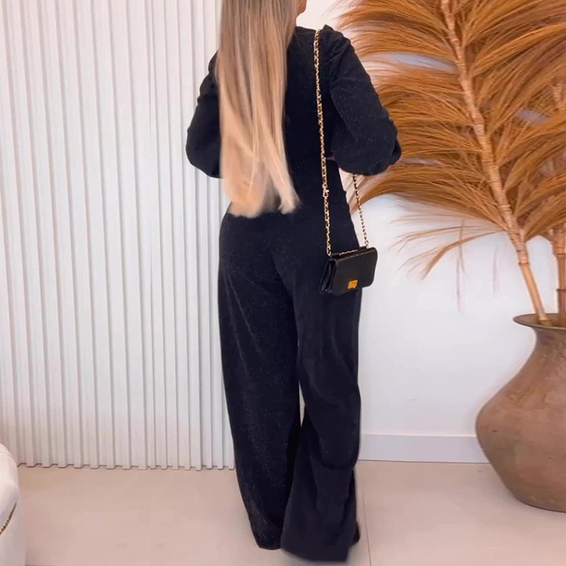 Ženska odjeća Jesen 2023. Novi dolasci Četvrtasti izrez Dugi rukavi Kratki top visokog struka Labave hlače širokih nogavica Ležerni dvodijelni set