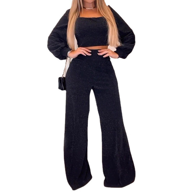 Ženska odjeća Jesen 2023. Novi dolasci Četvrtasti izrez Dugi rukavi Kratki top visokog struka Labave hlače širokih nogavica Ležerni dvodijelni set