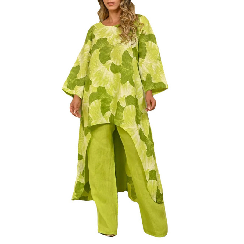 2023. aasta uustulnuk naiste mood vabaaja vaba, suures suuruses trükitud ebaregulaarne ülemine sirge pükste komplekt костюм женский