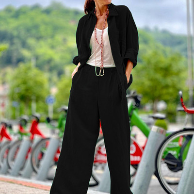 Γυναικεία Φθινόπωρο 2022 Νέα Μόδα Ιδιοσυγκρασία Μονόχρωμα Μακρυμάνικα Πουκάμισα Παντελόνια Παντελόνια Φαρδιά Κοστούμια Σετ δύο τεμαχίων Γυναικεία