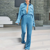 Jesenska i zimska modna ženska odjeća 2022. Uz struk, uska košulja s dugim rukavima, odijelo s hlačama širokih nogavica, dvodijelni kostim