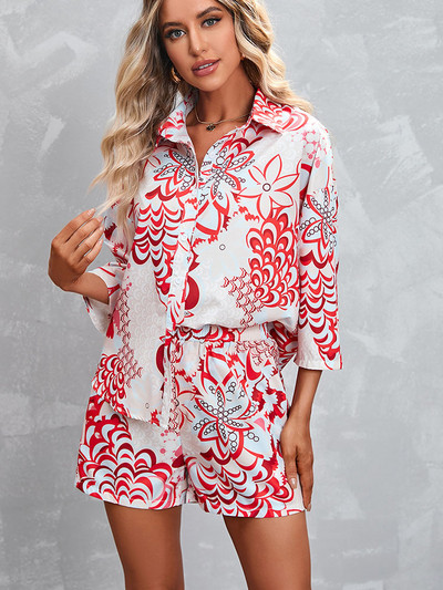 Elegantsed mustriga puuvillased kaheosalised komplektid šikk, kolme veerandvarruka ja kõrge vöökohaga lühikesed püksid, mis sobivad stiilseteks naiste kontori tänavarõivasteks