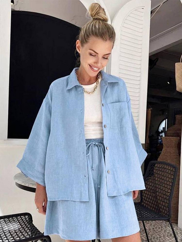 Naiste puuvillane ülisuur särk lühikesed püksid, kaheosalised pikkade varrukatega särgid ja kõrge vöökohaga lühikesed püksid, kostüümid, mood suvine mugav riietus