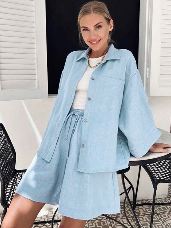 Naiste puuvillane ülisuur särk lühikesed püksid, kaheosalised pikkade varrukatega särgid ja kõrge vöökohaga lühikesed püksid, kostüümid, mood suvine mugav riietus