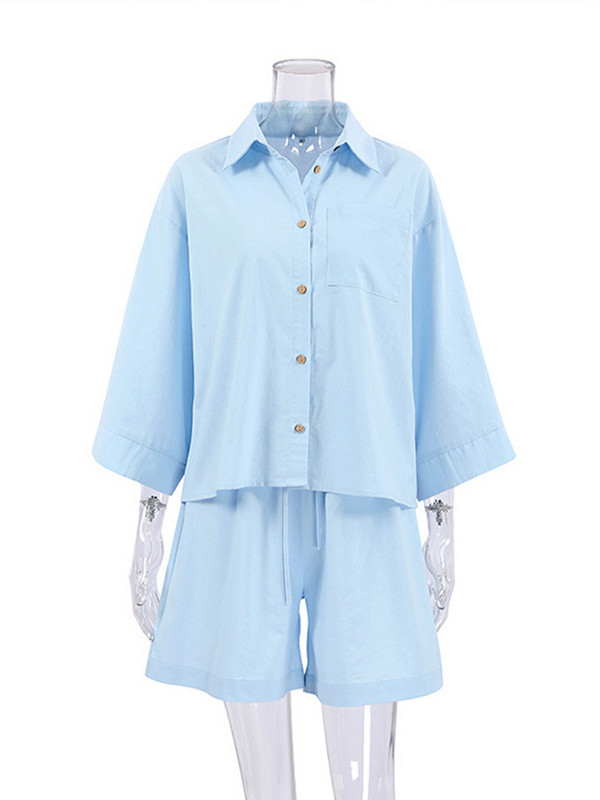 Naiste puuvillane ülisuur särk lühikesed püksid, kaheosalised pikkade varrukatega särgid ja kõrge vöökohaga lühikesed püksid, kostüümid, mood suvine mugav riietus