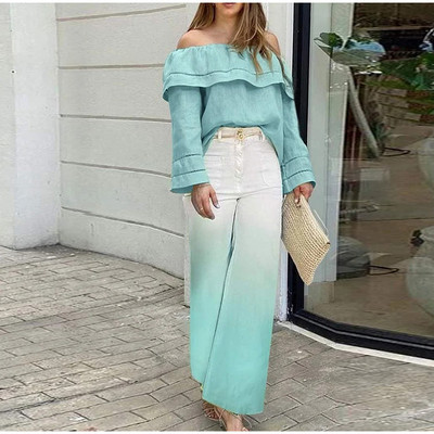 Elegantni ženski dvodijelni set za putovanje na posao, gornji dio spuštenih ramena i visoki struk, kompleti hlača sa širokim nogavicama, ljetno modno žensko odijelo 2023.