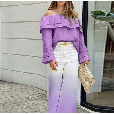 Elegantni ženski dvodijelni set za putovanje na posao, gornji dio spuštenih ramena i visoki struk, kompleti hlača sa širokim nogavicama, ljetno modno žensko odijelo 2023.