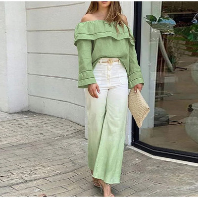 Elegantni ženski dvodijelni set za putovanje na posao, gornji dio spuštenih ramena i visoki struk, kompleti hlača sa širokim nogavicama, ljetno modno žensko odijelo 2023.