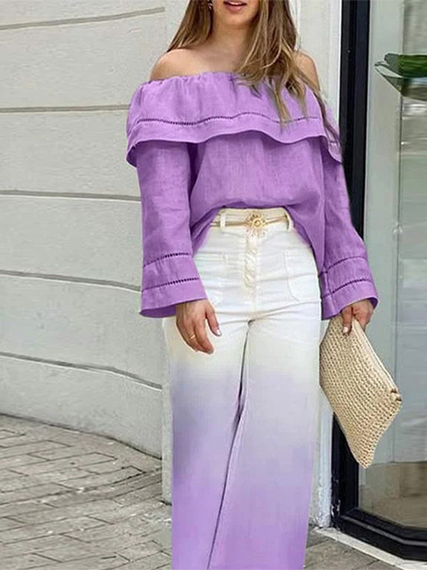 Elegantni ženski dvodijelni set za putovanje na posao, gornji dio spuštenih ramena i visoki struk, kompleti hlača sa širokim nogavicama, ljetno modno žensko odijelo 2023.