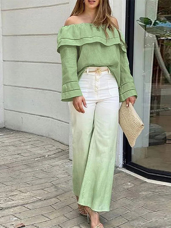 Elegantni ženski dvodijelni set za putovanje na posao, gornji dio spuštenih ramena i visoki struk, kompleti hlača sa širokim nogavicama, ljetno modno žensko odijelo 2023.