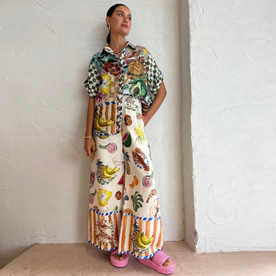 Ženski dvodijelni set od pamučne lanene majice s reverima i širokih hlača odijelo 2023. Ženska ležerna odjeća za odmor na plaži