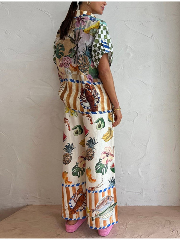 Ženski dvodijelni set od pamučne lanene majice s reverima i širokih hlača odijelo 2023. Ženska ležerna odjeća za odmor na plaži