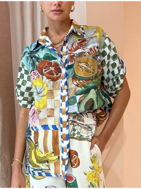 Ženski dvodijelni set od pamučne lanene majice s reverima i širokih hlača odijelo 2023. Ženska ležerna odjeća za odmor na plaži