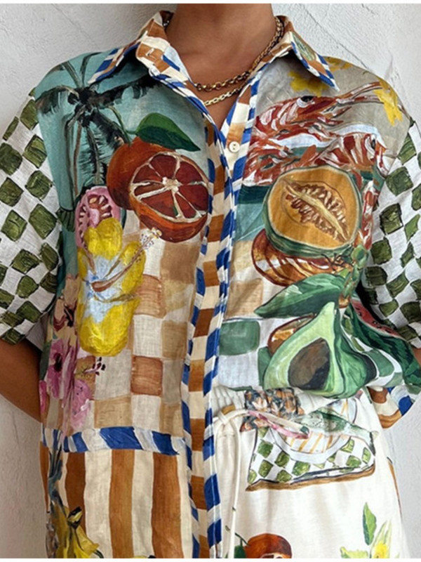 Ženski dvodijelni set od pamučne lanene majice s reverima i širokih hlača odijelo 2023. Ženska ležerna odjeća za odmor na plaži