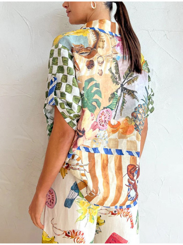 Ženski dvodijelni set od pamučne lanene majice s reverima i širokih hlača odijelo 2023. Ženska ležerna odjeća za odmor na plaži