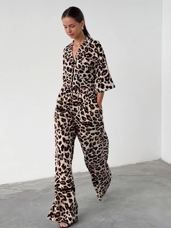 Naiste elegantne leopardimustriline magamisriiete komplekt šikk kolme neljandiku varrukatega särgi ja laiade säärte komplektid 2023. aasta suvemoodne puhkuseriietus