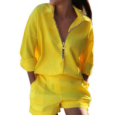 Vabaaja puuvillased linased kaheosalised ülikonnad, trükitud polo kaelaga pikkade varrukatega tõmblukuga särgid ja lühikesed püksid Suvised šikid rannapuhkuse komplektid