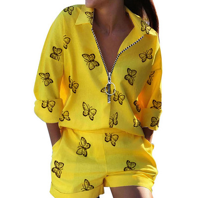 Vabaaja puuvillased linased kaheosalised ülikonnad, trükitud polo kaelaga pikkade varrukatega tõmblukuga särgid ja lühikesed püksid Suvised šikid rannapuhkuse komplektid