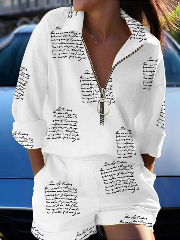 Vabaaja puuvillased linased kaheosalised ülikonnad, trükitud polo kaelaga pikkade varrukatega tõmblukuga särgid ja lühikesed püksid Suvised šikid rannapuhkuse komplektid