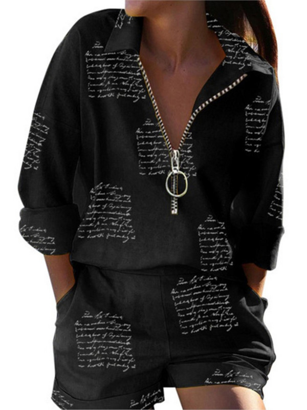 Vabaaja puuvillased linased kaheosalised ülikonnad, trükitud polo kaelaga pikkade varrukatega tõmblukuga särgid ja lühikesed püksid Suvised šikid rannapuhkuse komplektid