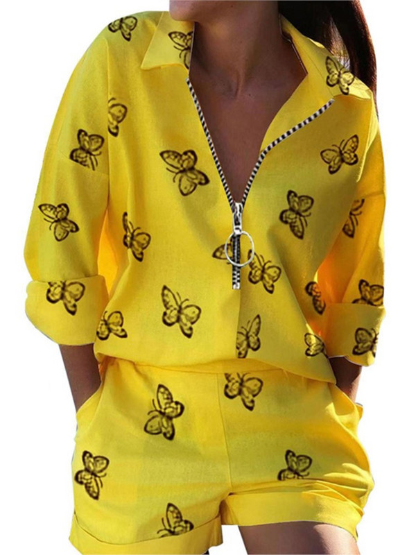 Vabaaja puuvillased linased kaheosalised ülikonnad, trükitud polo kaelaga pikkade varrukatega tõmblukuga särgid ja lühikesed püksid Suvised šikid rannapuhkuse komplektid