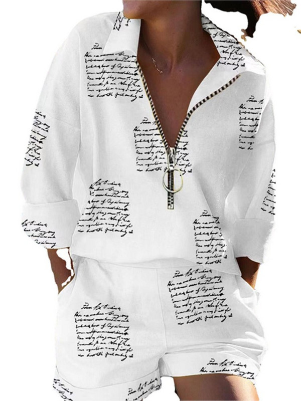 Vabaaja puuvillased linased kaheosalised ülikonnad, trükitud polo kaelaga pikkade varrukatega tõmblukuga särgid ja lühikesed püksid Suvised šikid rannapuhkuse komplektid