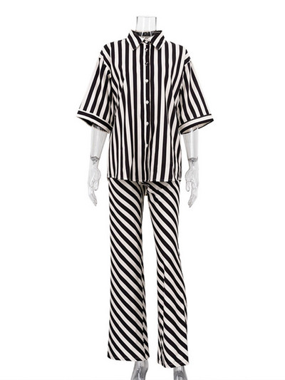 Naiste triibulise mustriga linane 2-osaline komplekt, poolvarrukatega särk ja sirgete pükstega kostüüm, 2023. aasta suvedaami šikk igapäevane tänavariietus