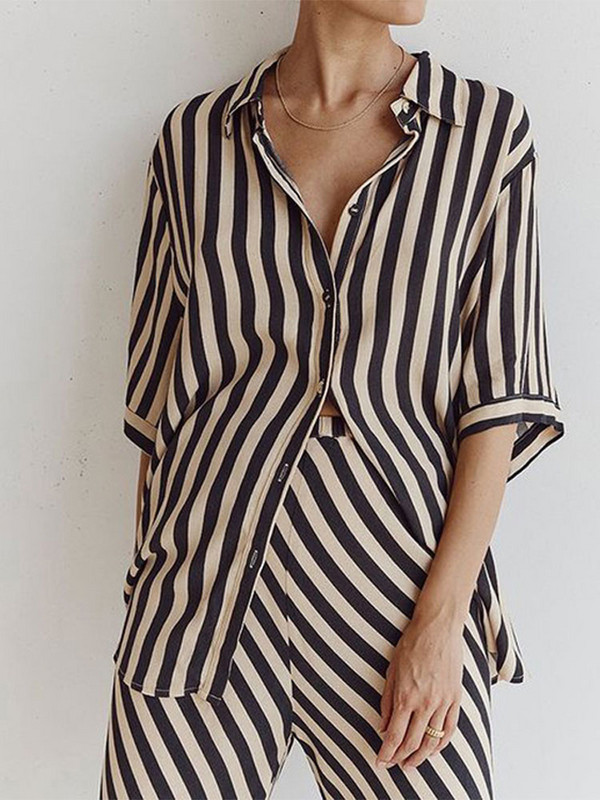 Naiste triibulise mustriga linane 2-osaline komplekt, poolvarrukatega särk ja sirgete pükstega kostüüm, 2023. aasta suvedaami šikk igapäevane tänavariietus