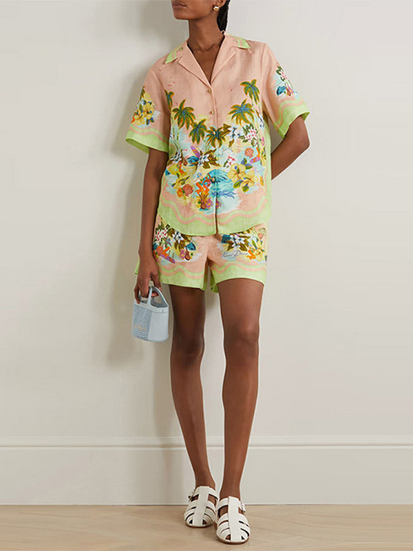 Chic print setovi od 2 komada za žene Ljetna košulja kratkih rukava na preklop i kratke hlače visokog struka Odijelo Modna ženska odjeća za odmor 2023.