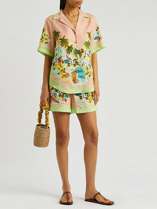 Chic print setovi od 2 komada za žene Ljetna košulja kratkih rukava na preklop i kratke hlače visokog struka Odijelo Modna ženska odjeća za odmor 2023.