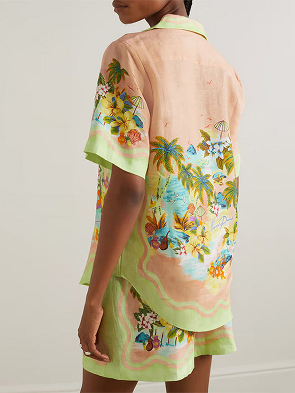 Chic print setovi od 2 komada za žene Ljetna košulja kratkih rukava na preklop i kratke hlače visokog struka Odijelo Modna ženska odjeća za odmor 2023.