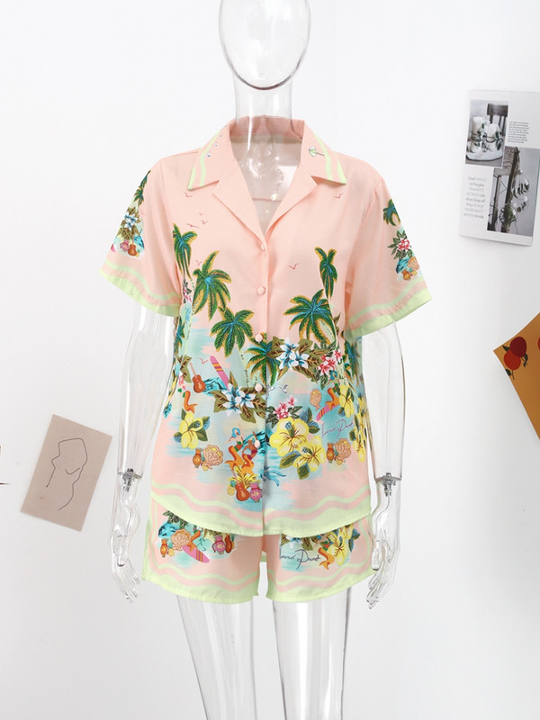 Chic print setovi od 2 komada za žene Ljetna košulja kratkih rukava na preklop i kratke hlače visokog struka Odijelo Modna ženska odjeća za odmor 2023.