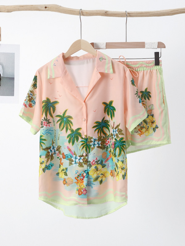 Chic print setovi od 2 komada za žene Ljetna košulja kratkih rukava na preklop i kratke hlače visokog struka Odijelo Modna ženska odjeća za odmor 2023.